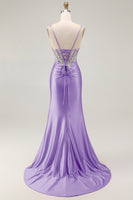 Load image into Gallery viewer, Sparkly Grey Pink Mermaid Satin Long Corset Prom Dress with Slit