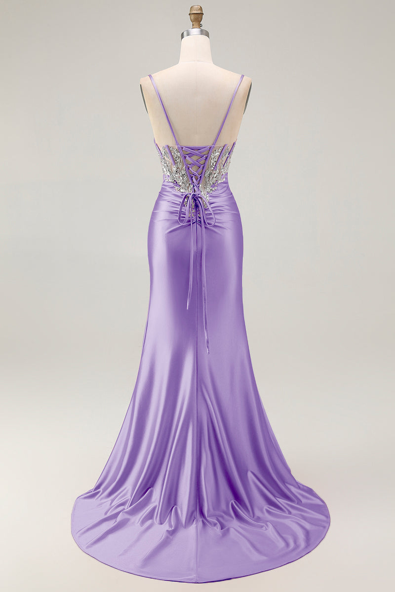 Load image into Gallery viewer, Sparkly Grey Pink Mermaid Satin Long Corset Prom Dress with Slit