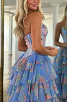 Load image into Gallery viewer, Sparkly Blue Floral Ruffled Long Corset Prom Dress with Slit