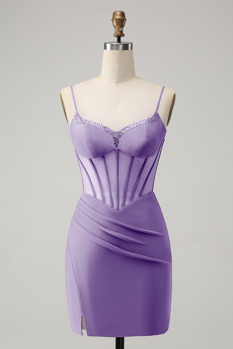 Load image into Gallery viewer, Glitter Fuchsia Beaded Corset Tight Short Prom Dress