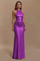 Load image into Gallery viewer, Glitter Burgundy Sheath Halter Ruched Long Holiday Party Dress
