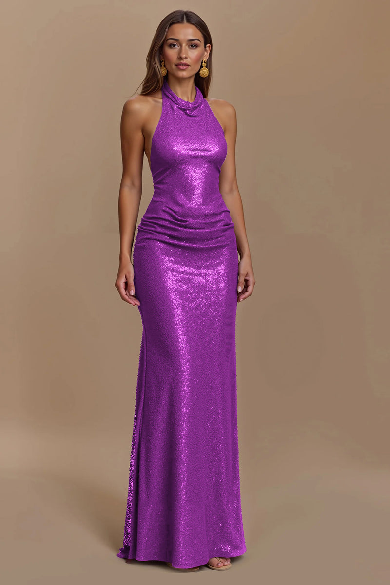 Load image into Gallery viewer, Glitter Burgundy Sheath Halter Ruched Long Holiday Party Dress