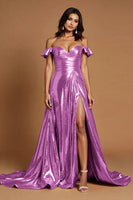 Load image into Gallery viewer, Golden A Line Metallic Ruffled Maxi Prom Dress with Slit