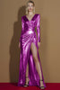 Load image into Gallery viewer, Metallic Golden V-Neck Glitter Long Sleeves Gala Dress with Slit