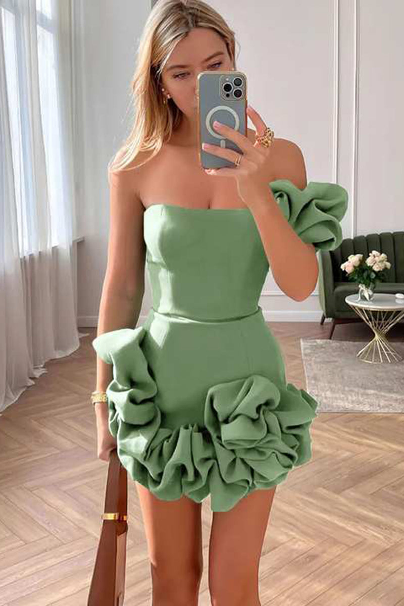Load image into Gallery viewer, Women Chic Sage Tight Satin Short Prom Dress Ruffled One Shoulder Birthday Party Dress