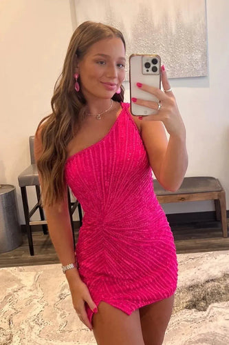 Glitter Fuchsia One Shoulder Beaded Tight Party Dress