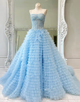 Load image into Gallery viewer, Women Sparkly Blue Long Corset Prom Dress with Slit A-Line Beaded Spaghetti Straps Formal Dress