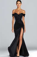 Load image into Gallery viewer, Women Satin Mermaid Sweetheart Long Formal Dress with Slit Off the Shoulder Lace Black Tie Gala Dress