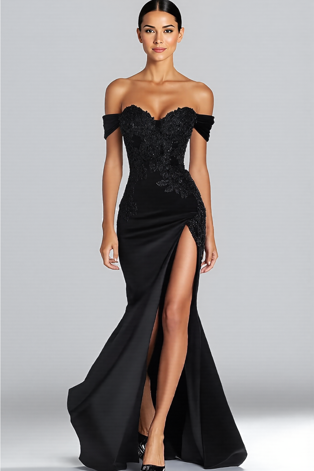 Off the Shoulder Appliqued Long Satin Black Tie Gala Dress with Slit