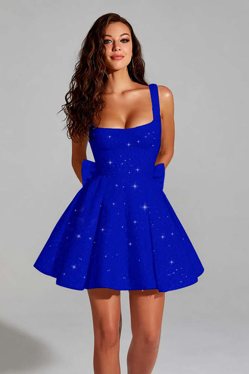 Load image into Gallery viewer, Sparkly White Square Neck Short A Line Prom Dress with Bow