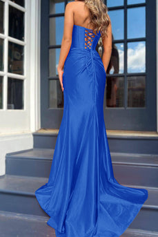 Royal Blue Mermaid Ruched Long Corset Prom Dress with Slit