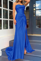 Load image into Gallery viewer, Royal Blue Mermaid Ruched Long Corset Prom Dress with Slit