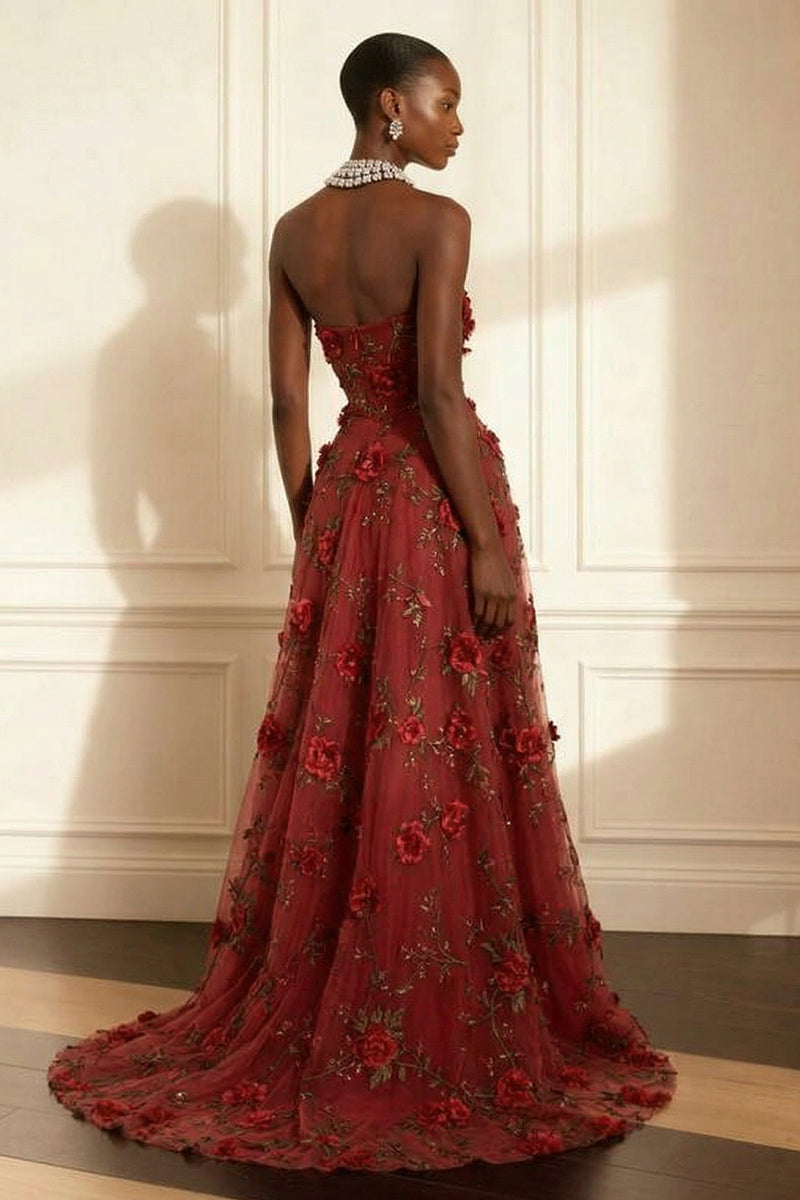 Load image into Gallery viewer, Purple A Line Strapless Floral Corset Long Prom Dress