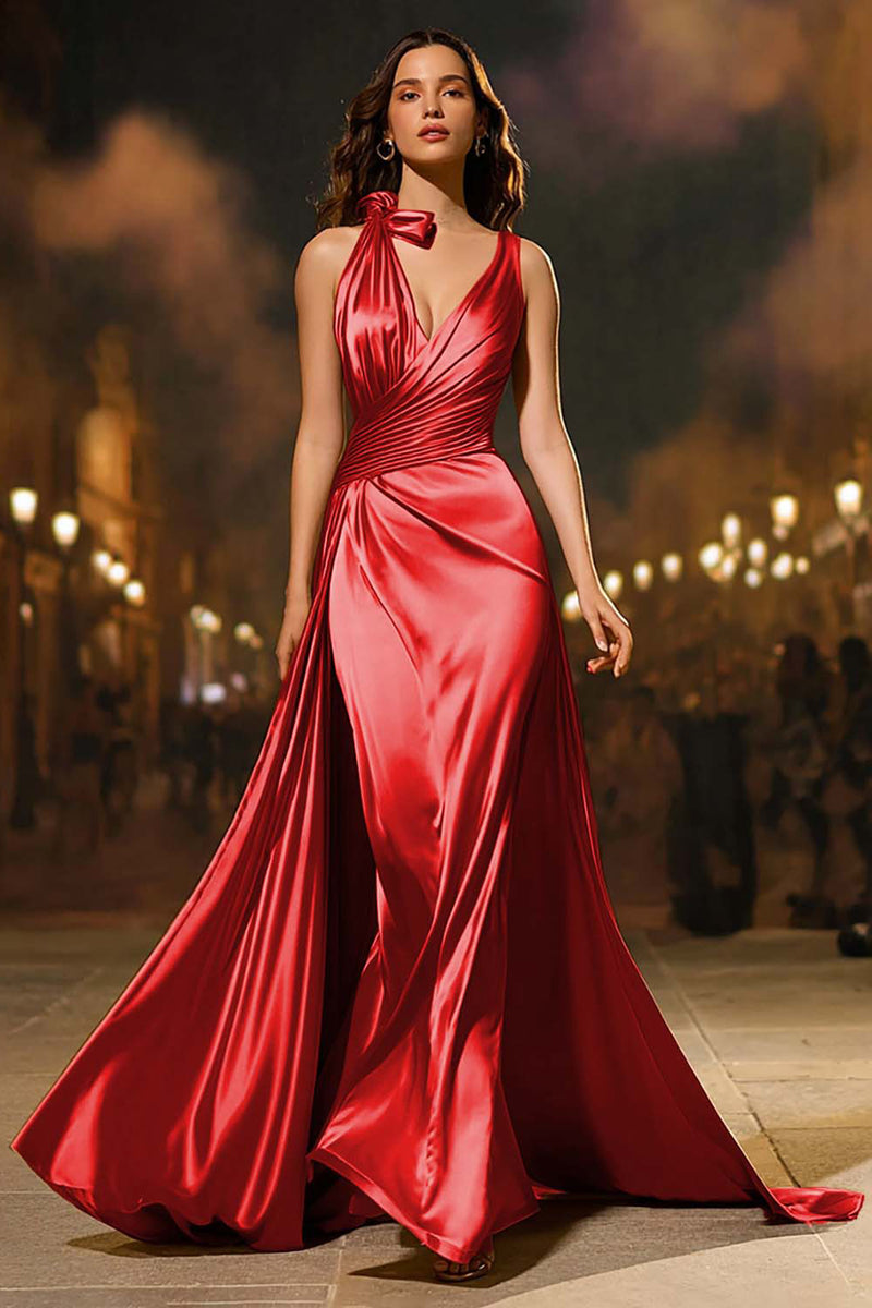 Load image into Gallery viewer, Gold Mermaid V-Neck Satin Long Formal Dress with Cape