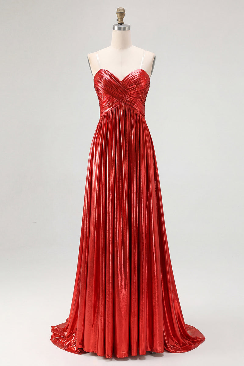 Load image into Gallery viewer, Gold Pleated Metallic Strapless A Line Long Prom Dress