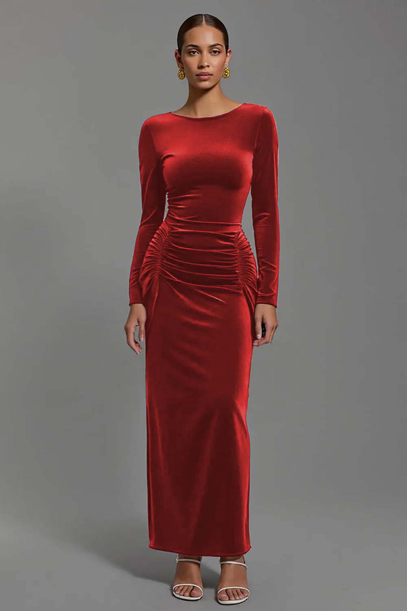 Load image into Gallery viewer, Navy Velvet Sheath Boat Neck Long Holiday Party Dress with Sleeves