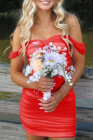 Load image into Gallery viewer, Red Bodycon Off the Shoulder Ruched Short Prom Dress