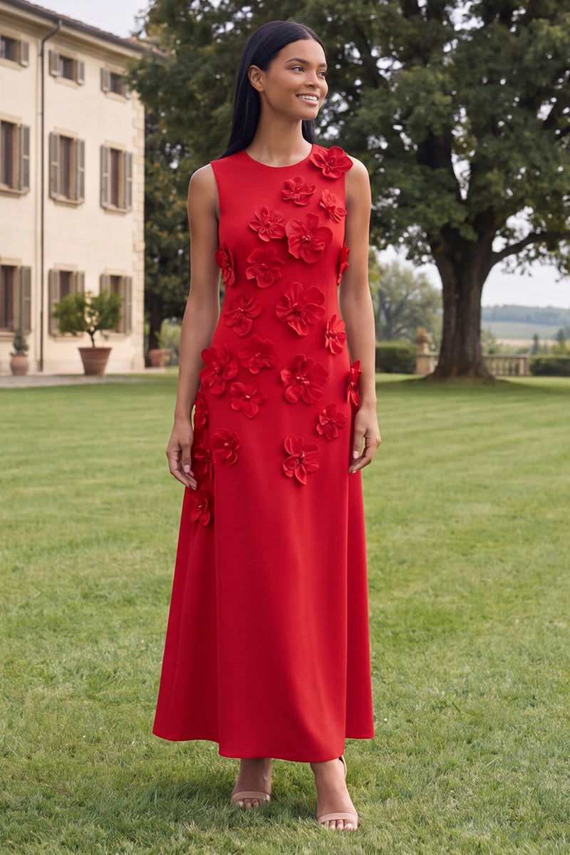 Load image into Gallery viewer, Hot Pink A Line Floral Round Neck Maxi Formal Dress