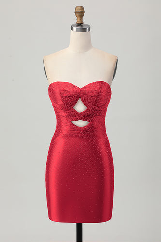 Sparkly Red Sweetheart Beaded Tight Short Prom Dress with Keyholes
