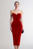 Load image into Gallery viewer, Burgundy Sweetheart Sheath Midi Velvet Corset Holiday Party Dress