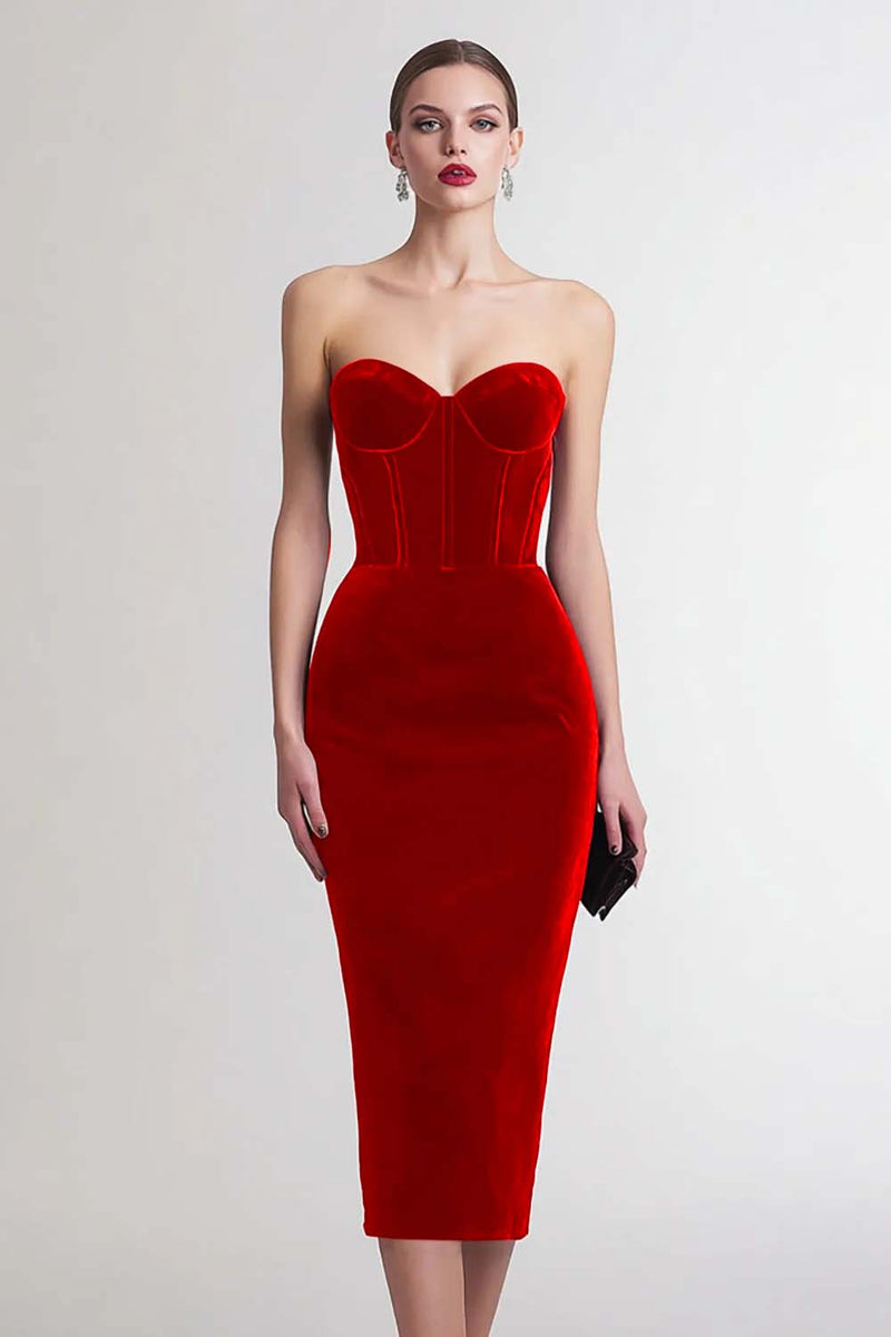 Load image into Gallery viewer, Burgundy Sweetheart Sheath Midi Velvet Corset Holiday Party Dress