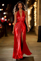 Load image into Gallery viewer, Sparkly Gold Metallic Halter Ruched Long Formal Dress with Slit