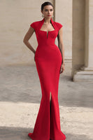 Load image into Gallery viewer, Black Mermaid Square Neck Cap Sleeves Long Formal Dress with Slit