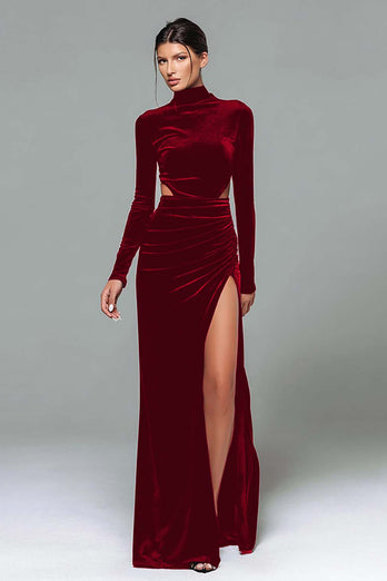 Plum High Neck Velvet Sheath Cut Out Long Holiday Party Dress