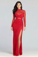Load image into Gallery viewer, Illusion High Neck Sheath Long Sleeves Black Tie Dress with Slit