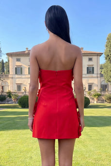 Red Strapless Short Floral Birthday Party Dress