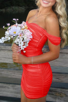 Load image into Gallery viewer, Red Bodycon Off the Shoulder Ruched Short Prom Dress