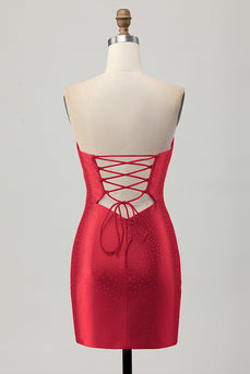 Sparkly Red Sweetheart Beaded Tight Short Prom Dress with Keyholes