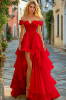 Load image into Gallery viewer, Yellow A Line Tiered Off the Shoulder Long Asymmetrical Prom Dress