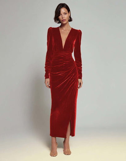 Olive Sheath Deep V-Neck Velvet Long Holiday Party Dress with Sleeves