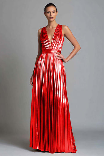 Sparkly Gold Metallic A-Line V-Neck Pleated Long Formal Dress