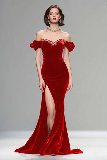Sparkly Dark Navy Velvet Mermaid Long Holiday Party Dress with Beading