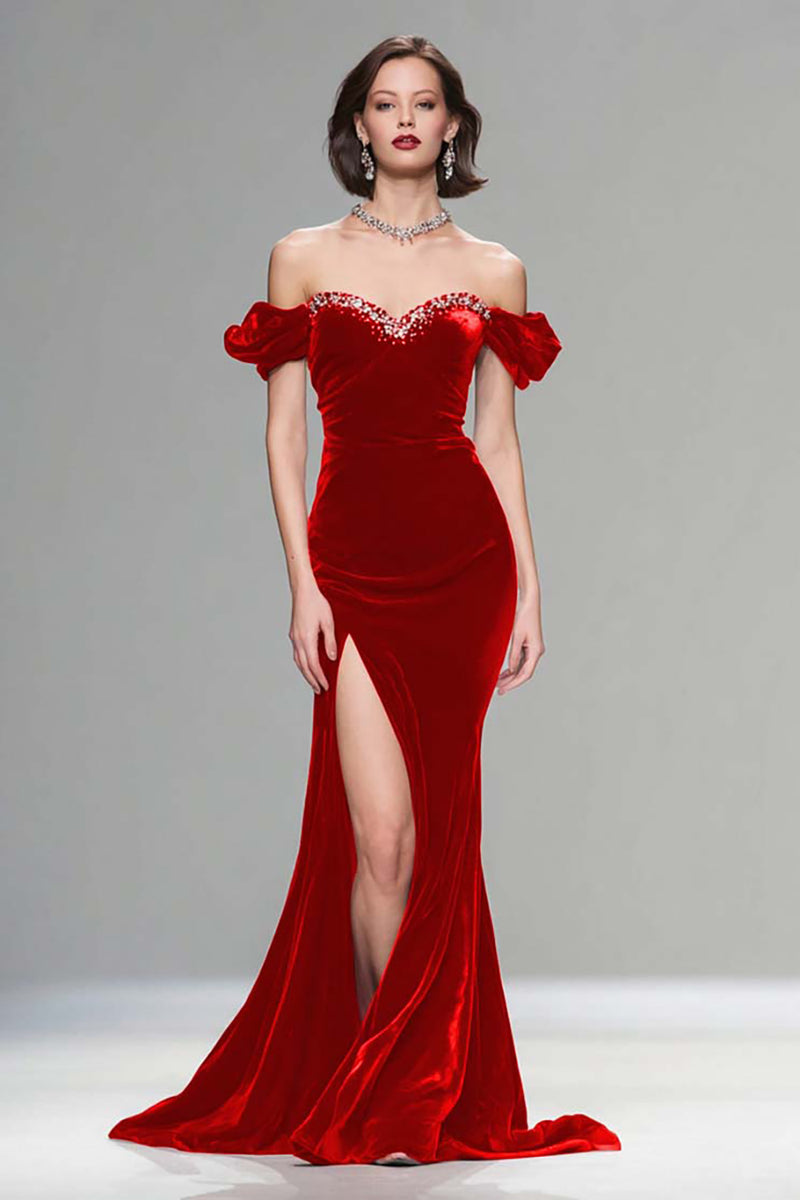 Load image into Gallery viewer, Sparkly Dark Navy Velvet Mermaid Long Holiday Party Dress with Beading