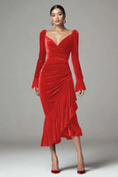 Load image into Gallery viewer, Burgundy Mermaid Ruched Velvet Holiday Party Dress with Ruffles