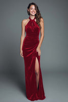 Load image into Gallery viewer, Cabernet Halter Mermaid Velvet Long Holiday Party Dress with Slit