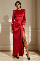 Load image into Gallery viewer, Satin Chocolate Round Neck Long Mother of the Bride Dress with Sash