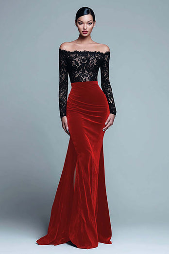 Black and Burgundy Velvet Mermaid Long Sleeves Holiday Party Dress with Lace