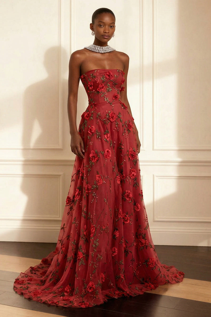 Load image into Gallery viewer, Purple A Line Strapless Floral Corset Long Prom Dress