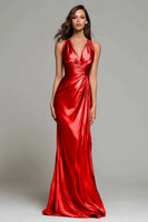 Load image into Gallery viewer, Sparkly Gold Metallic Ruched Mermaid V-Neck Long Formal Dress