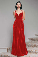 Load image into Gallery viewer, Burgundy Mermaid Velvet Thick Straps Ruched Long Holiday Party Dress