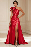 Load image into Gallery viewer, One Shoulder Silver A Line Long Mother of the Bride Dress with Bow