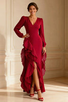 Load image into Gallery viewer, Purple V Neck Asymmetrical Ruffled Mother of the Bride Dress with Slit