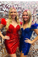 Load image into Gallery viewer, Giltter Red Off-the-Shoulder Tight Short Prom Dress with Feathers