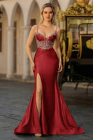 Load image into Gallery viewer, Plus Size Sparkly Dusty Blue Satin Beaded Long Corset Prom Dress with Slit