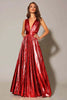 Load image into Gallery viewer, Sparkly Gold Metallic A-Line Pleated V-Neck Long Formal Dress