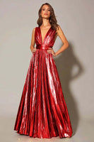 Load image into Gallery viewer, Sparkly Gold Metallic A-Line Pleated V-Neck Long Formal Dress